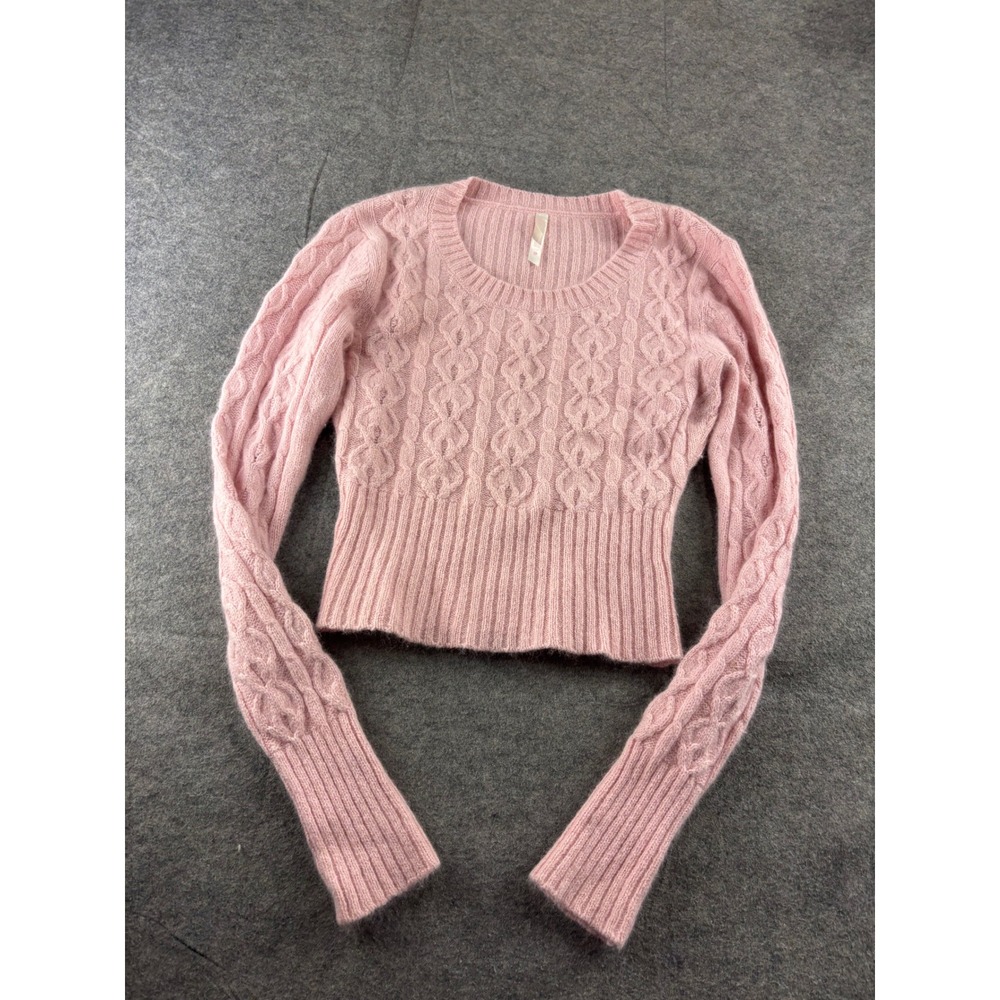 LILU Pink Cable Knit Angora Wool Blend Cropped Sweater Womens L Preppy Coquette